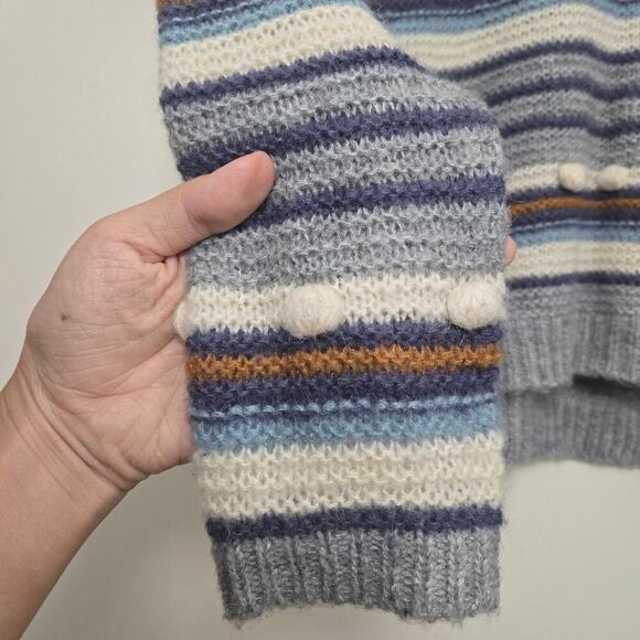Heartloom Wool Mohair Pom Pom Knit Sweater Size XS Gray Striped Casual Boho Fall - Picture 6 of 9